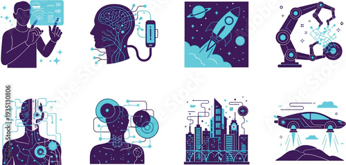 Collection of futuristic technology icons representing AI space travel robotics and smart cities perfect for digital design and innovation concepts