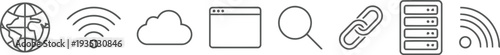 Collection of black and white network and internet line icons on a white background.