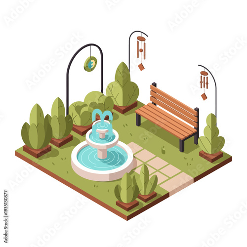 Isometric garden courtyard with bench and fountain landscape