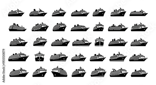 Collection of various cruise ships in silhouette, perfect for travel and tourism concepts.