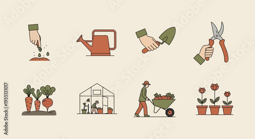 Gardening icons set including planting seeds watering can tools greenhouse and harvest flat vector illustration for agriculture and lifestyle concepts