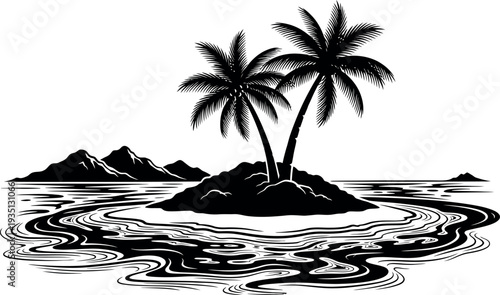 Black silhouette tropical island with palm trees, ocean ripples, distant mountains serene landscape