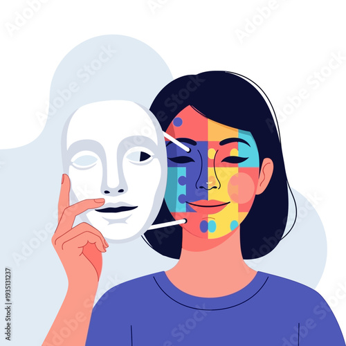 Woman holding a mask changing expression psychology metaphor