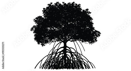 A black silhouette of a tree with exposed roots