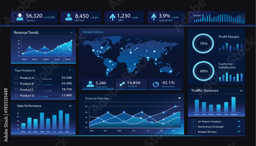 Modern Financial Dashboard with Data Analysis Charts and Annual Business Report Presentation UI.