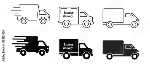 Delivery Truck icon set. Express delivery trucks icons. Fast shipping truck. Free delivery 24 hours. Logistic trucking sign.