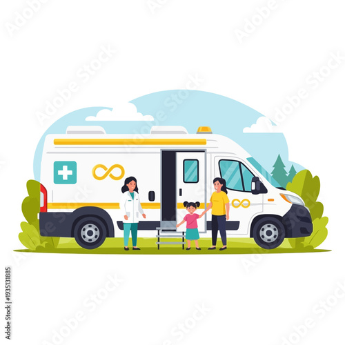 Ambulance with Medical Team Helping a Girl and her Mother