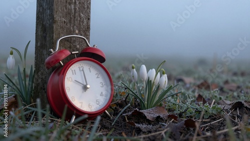 A red alarm clock rests on frosty ground beside white snowdrops and a wooden post, symbolizing the arrival of spring.