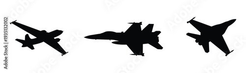 Set of modern fighter jet silhouettes isolated on transparent background. Military aircraft collection in black vector