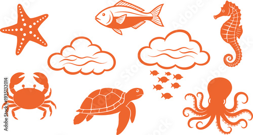 Marine life silhouettes collection with fish, crab, octopus, sea turtle, seahorse and starfish ocean animals vector illustration set