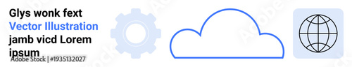 Technology, cloud storage, global services, connectivity, networking, innovation. Gear, cloud and globe icons with minimal design. Technology and cloud storage concept