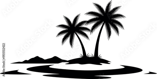 Black silhouette of tropical island with two palm trees vector