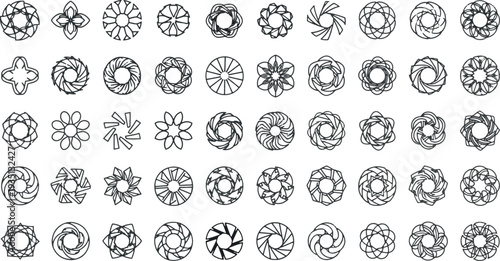 Set of Circular Geometric Ornaments Mandala Style Floral Line Art Elements