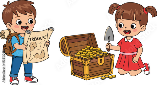 kids treasure hunt illustration, children discovering treasure chest, pirate map adventure, cartoon kids exploring gold, fun adventure vector