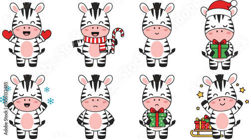 Cute zebra Christmas characters collection with gifts, candy cane, Santa hat and winter emotions adorable holiday animal cartoon vector set