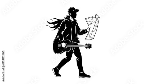 Roaming Guitarist Silhouette with Map Travel Concept Vector