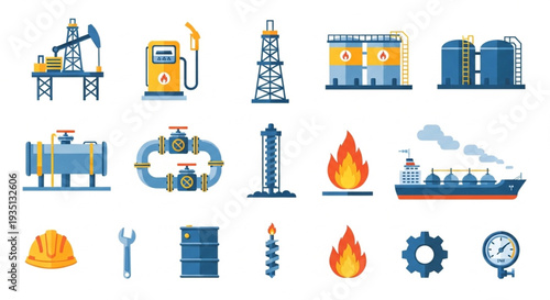 Oil Refinery Industry Icons Set.