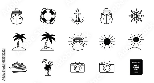Collection of various travel and vacation related icons and symbols in black and white.
