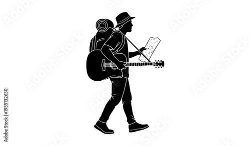 Traveling Musician Silhouette with Guitar and Map Vector Illustration