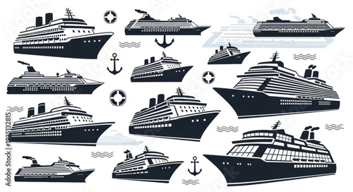 Collection of various cruise ships in black and white, perfect for travel and tourism.