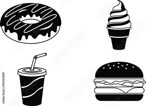 Fast food icon illustration, donut artwork design, soft drink cup graphic, ice cream cone symbol, hamburger silhouette drawing, snack menu artwork, black white
