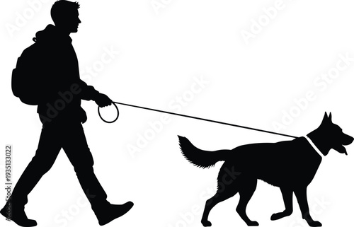 Dog walking silhouette illustration, person with backpack artwork, pet leash design graphic, outdoor exercise symbol, companionship activity drawing, black white art