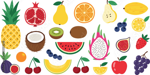Tropical and fresh fruits collection including pineapple, dragon fruit, pomegranate, grapes, orange, pear, kiwi and watermelon colorful vector illustration set