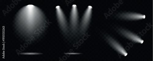 A collection of vibrant spotlights in various colors illuminates a transparent black background creating a dynamic effect