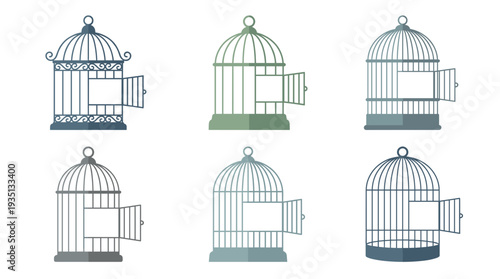 Vector illustration set of six simple flat design open bird cages in muted pastel colors. Collection of empty cages with open doors representing escape and wildlife freedom.