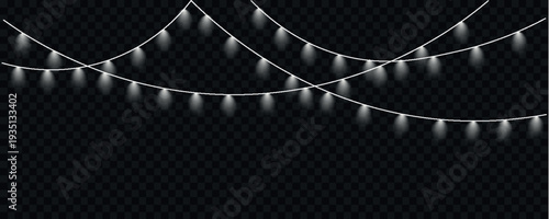 Illuminated string lights with glowing white and green bulbs cascade across a transparent dark background high-quality