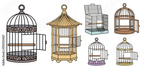 Vector collection of six different colored open bird cages featuring vintage, modern, and oriental styles. Empty pet enclosures with open doors symbolizing animal freedom.