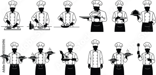 Collection of professional chef silhouettes performing culinary tasks like cooking, chopping vegetables, frying, serving hot plates, and presenting food on a white background