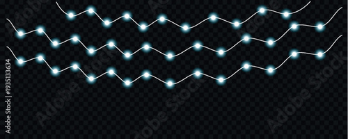 Illuminated string lights with glowing white and green bulbs cascade across a transparent dark background high-quality