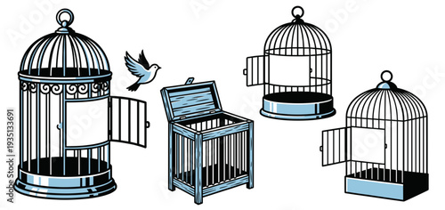 Vector illustration of a set of four different vintage-style open bird cages with one bird flying freely from the largest cage. Hand-drawn colored engraving style.
