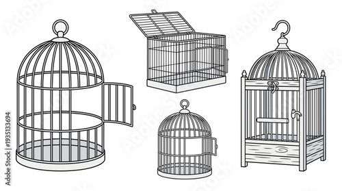 Vector illustration of a set of four different vintage-style open bird cages in black and white line art. A collection of empty open cages showing freedom.