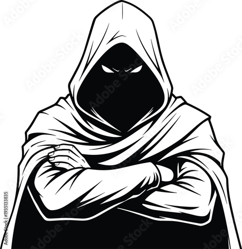 Mysterious hooded figure, shadowed face silhouette, intense eyes artwork, cloak robe design, fantasy character illustration, stealth authority symbol, dramatic black white concept