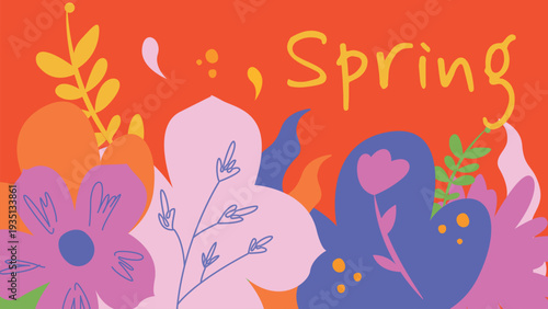 Horizontal background of colorful spring flowers and plants with petals. Spring concept.