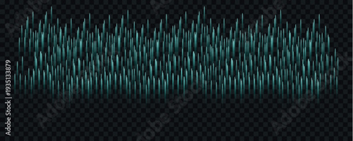 An abstract visualization of sound waves depicted as numerous vertical teal bars against a transparent background