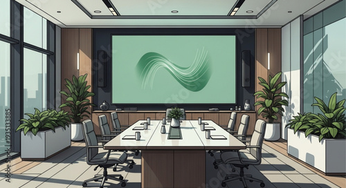 Modern conference room with a large screen and meeting table.