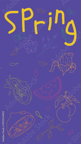 Vertical abstract illustration of spring fruits and flowers: watermelon, mango, lemon, orange, and different types of flowers.