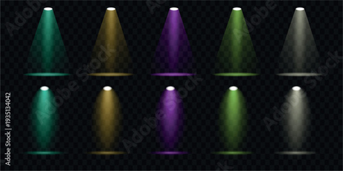 A collection of vibrant spotlights in various colors illuminates a transparent black background creating a dynamic effect