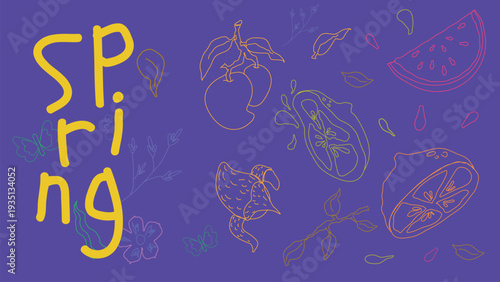Abstract horizontal illustration of spring flowers and fruits. Watermelon, mango, lemon and orange. Concept: spring, flowers, and fruits.