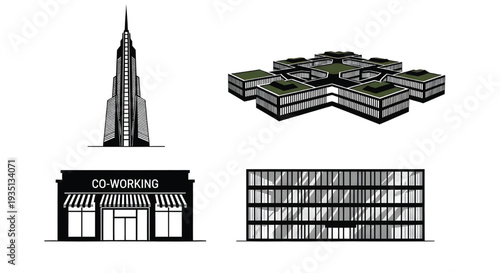 A collection of modern office buildings and co-working spaces