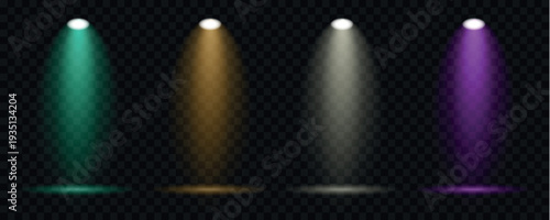 A collection of vibrant spotlights in various colors illuminates a transparent black background creating a dynamic effect