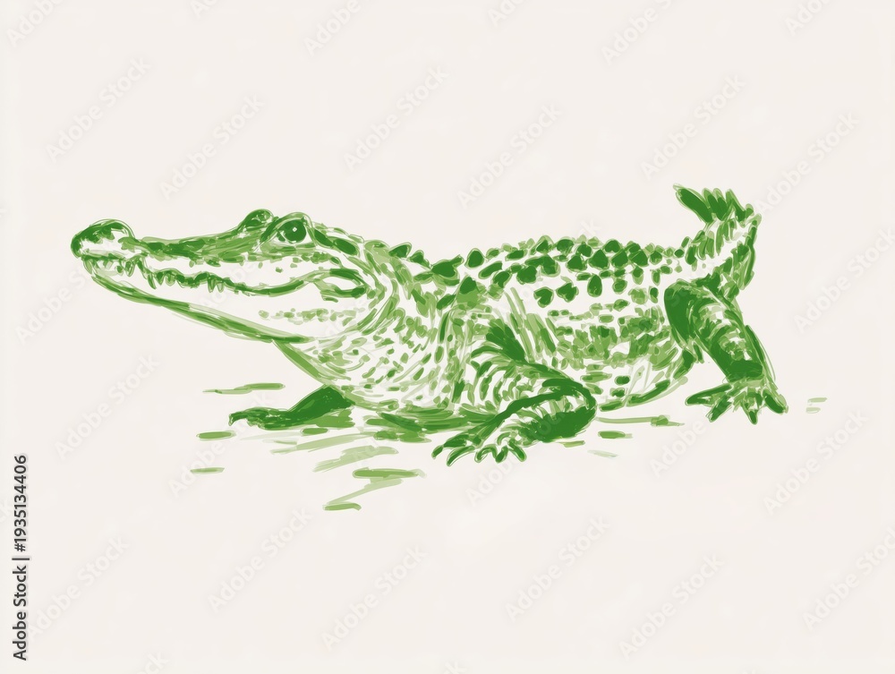 Obraz premium A hand-drawn illustration of an alligator swimming, representing wildlife, aquatic ecosystems, and the importance of wetland conservation.