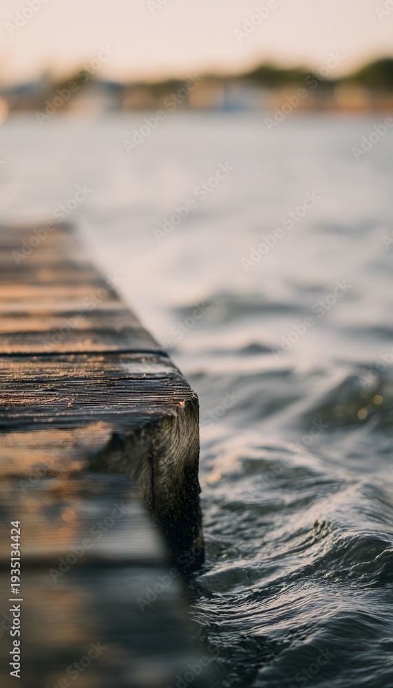 Fototapeta premium Tranquil summer waves gently lap an old wooden pier bathed in warm golden light serenity