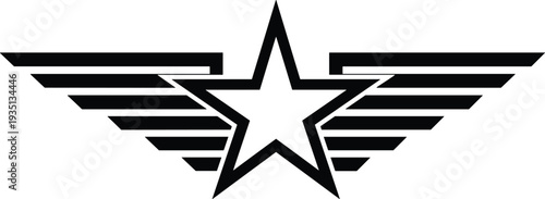 Star wing emblem, military aviation symbol, strength honor design, symmetrical badge illustration, flight insignia concept, power precision artwork, bold black silhouette