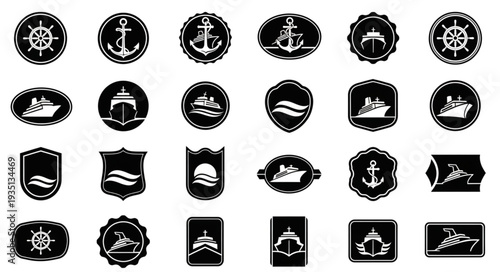 Collection of nautical emblems and badges in black and white style.