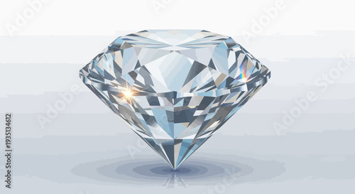 A sparkling diamond is centered on a reflective surface, viewed from directly above, showcasing its facets and brilliance in a clean and minimalist environment for a precise visual representation.