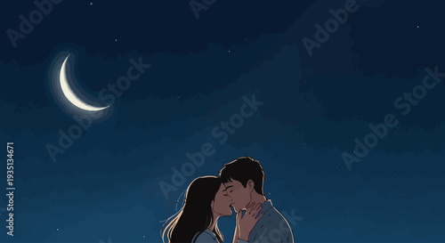 Couple Sharing a Romantic Moment Under the Night Sky with Crescent Moon